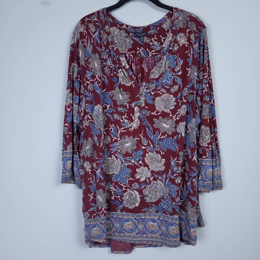 Lucky Brand Womens Floral Henley Top Size 2X Red Long Sleeve Boho Peasant Flowy